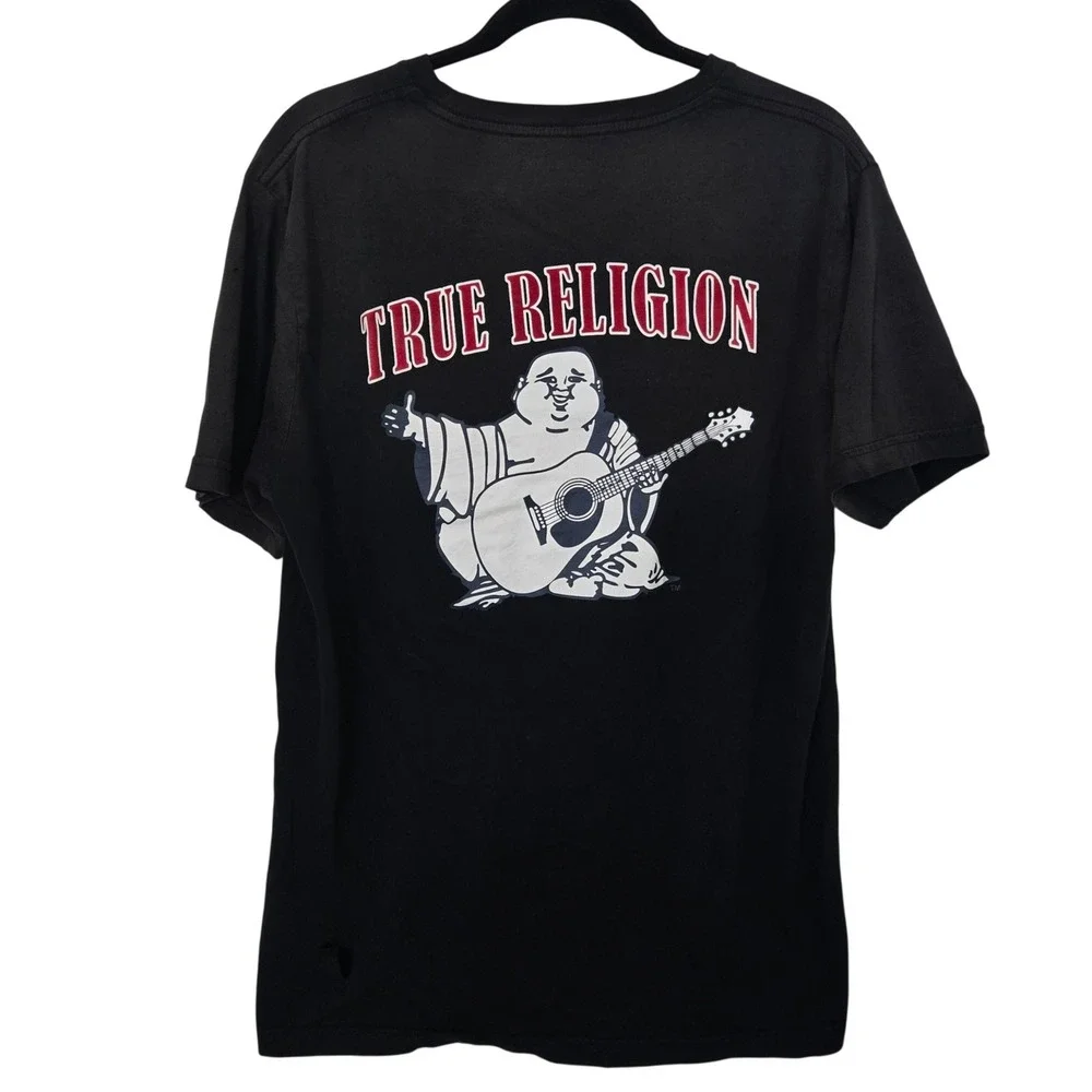 True Religion Mens L T-Shirt Black Red Horseshoe Logo Buddha Guitar Graphic Flaw